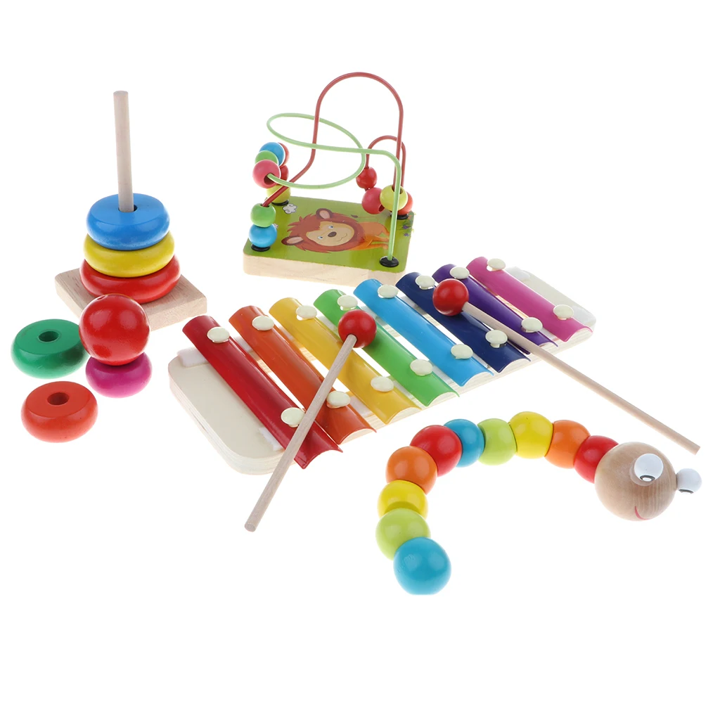 Set of 4Pcs Wooden Montessori Development for baby - Percussion Xylophone Round Bead Rollercoaster Sensory Teaching Aids Toy #A