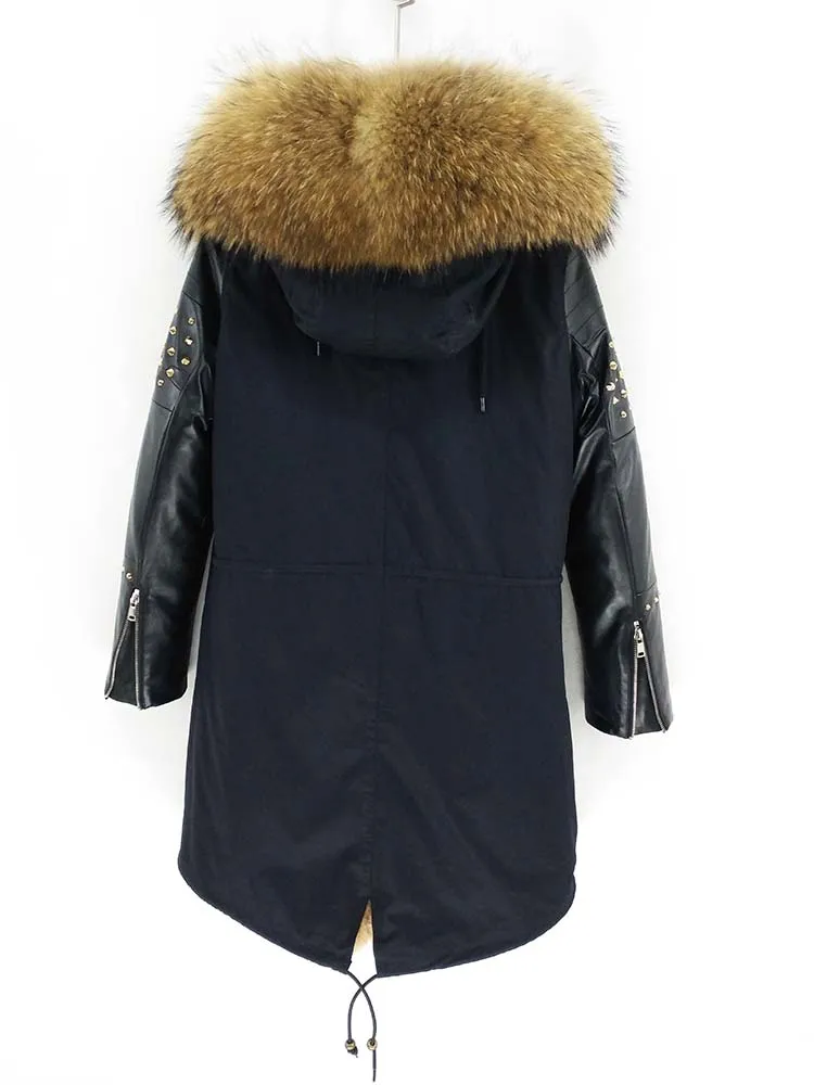 Женская длинная парка с воротником из натурального меха лисы, зимняя куртка с капюшоном, пальто с заклепками, Монгольская овечья кожаная верхняя одежда с рукавами, Detachabl