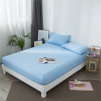 

New Sky Blue Pure Color Fitted Sheet Solid Polyester Mattress Cover with Elastic Bed Sheet Without Pillowcase Single Double Size