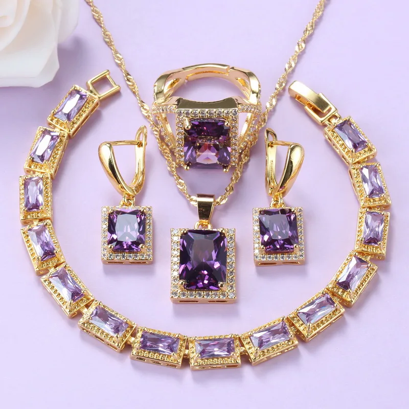 Mexican Jewelry Sets Gold-Color Romantic Wedding Bridal Accessories Purple Crystal Necklace And Earrings Bracelet Sets, bridal jewelry sets,crystal jewelry sets