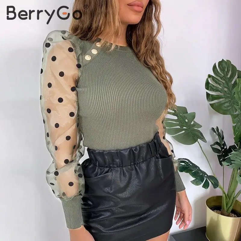 BerryGo, сетчатая Лоскутная Блузка с длинным рукавом, Женская Весенняя Модная трикотажная рубашка в горошек, топ, Женская Повседневная рабочая одежда, топы, блузы