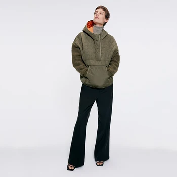 

New Solid Color Outwear for Women Bohemian Stand Collar Hooded Kangaroo Pocket Zipper Velcro Design Autumn Winter Coat Outwear