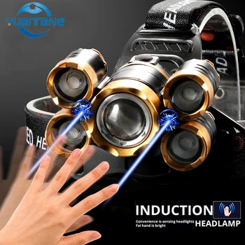

Super High Power 5*T6 IR Induction Headlamp Brightness LED Headlight Biking Head Lamp Flashlight with 18650 Torch For Fishing