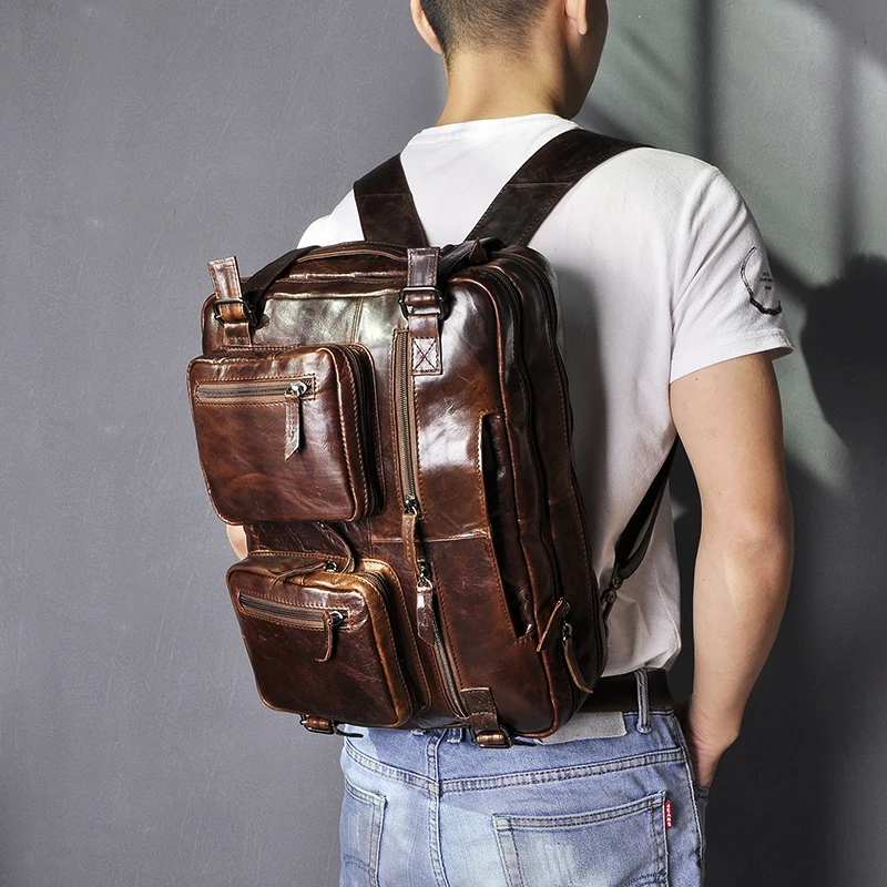 dark coffee-backpack Мужская Дизайнерская многофункциональная сумка из натуральной кожи Maletas Maletin, деловой портфель, 15 дюймов, сумка для ноутбука, сумка-тоут, портфель, сумка k1013 - Цвет: dark coffee-backpack