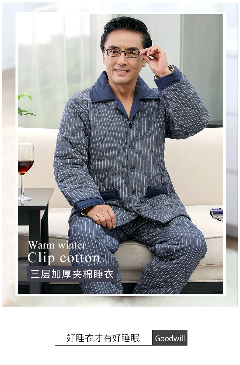 men's silk pajamas Three-Layer Quilted Men Pajamas Set Winter Full Cotton Long Sleeve Trousers Set Korean Striped Autumn Home Service Men Sleepwear men satin pajamas