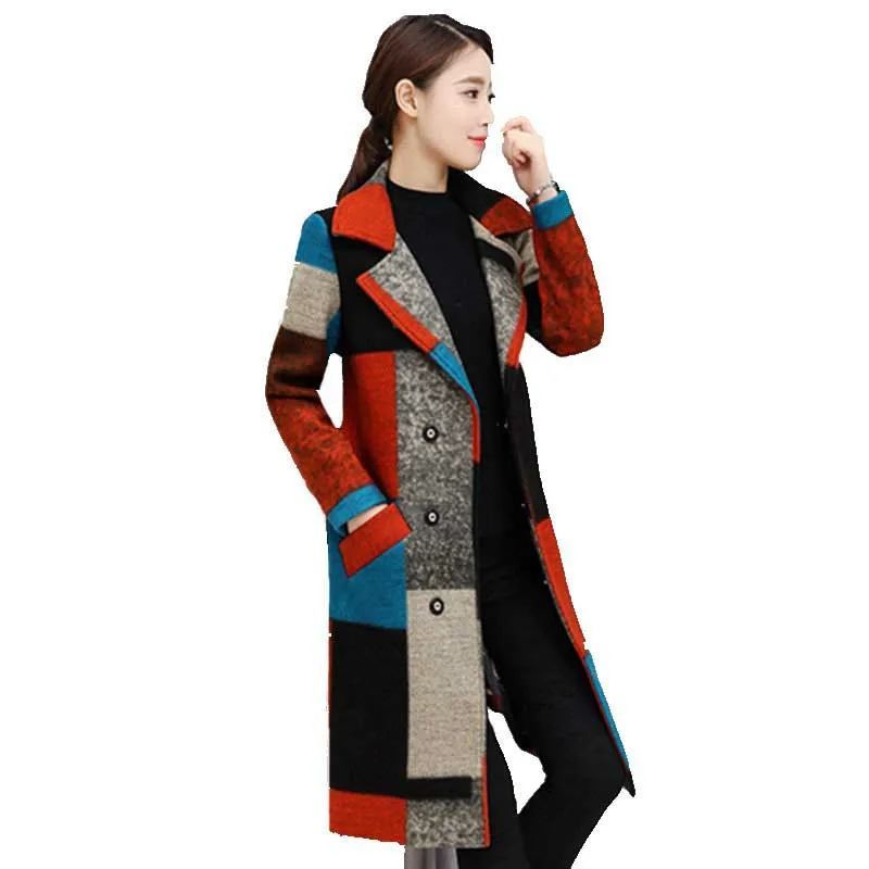 Женское шерстяное пальто с длинным рукавом и отложным воротником, искусственная кашемировая верхняя одежда, куртка на каждый день, зимнее красное клетчатое длинное пальто