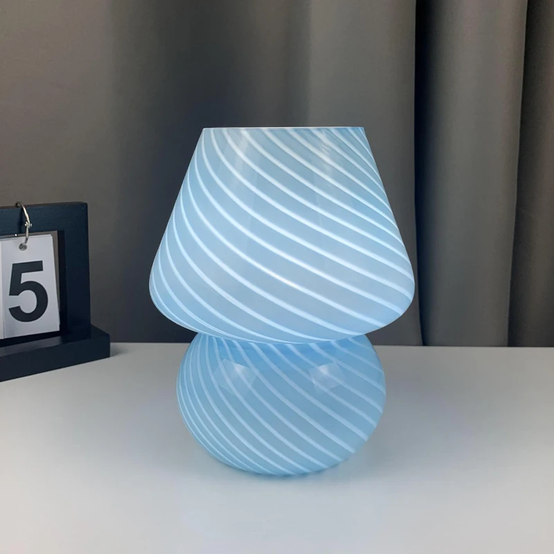 Glass LED Desk Lamp For Bedroom Bedside Korean Modern ​Striped Mushroom Table Lamp Decor Cute Glass Translucent Bedside Lamp