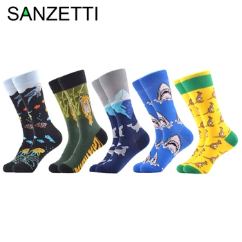 

SANZETTI 5 Pairs/Batch New Men's Colorful Casual Combed Cotton Happy Crew Socks Fun Animal Series Shark Tiger Pattern Party Sock