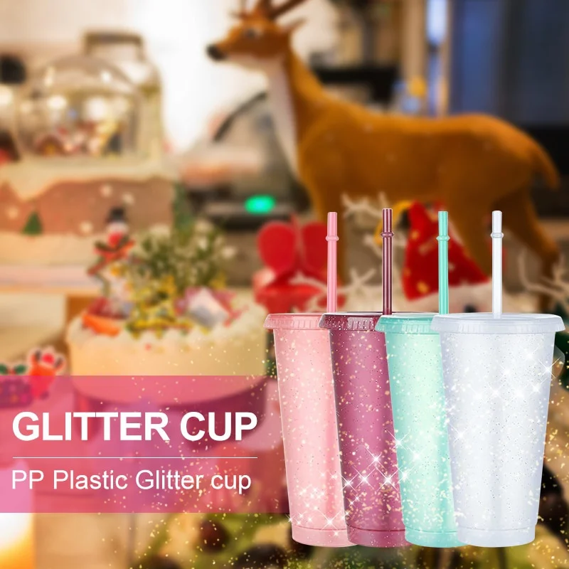 400/700Ml Reusable Flash Powder Tumbler with Lid Matte Finish Straw Cup Diy Plastic Cold Water Bottle Coffee Mug Outdoor Party