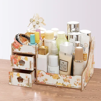 

DIY Wooden Storage Box Jewelry Makeup Organizer Flower Pattern Cosmetic Storage Container Case Home Storage