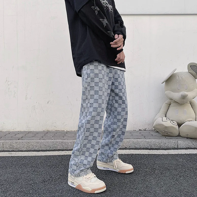 Vintage Plaid Men Jeans Streetwear Hip Hop Straight Pants Autumn New Loose Wide Leg Trousers Male Harajuku Korean Casual Clothes 1