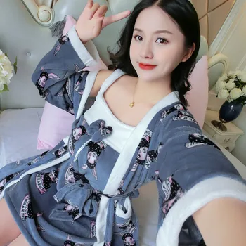 

Flannel Female Kimono Bathrobe Gown Coral Fleece Robe Set Winter 2PCS Sleepwear Thicken Nightwear Nightdress Soft Home Wear