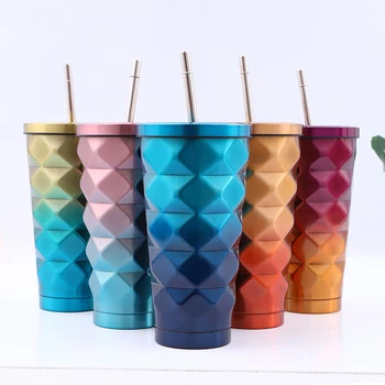 

500ML Double Stainless Steel Color Diamond Thermos Cups With Straw Coffee Drink Cold Thermal Bottles Isothermal Travel Water Mug