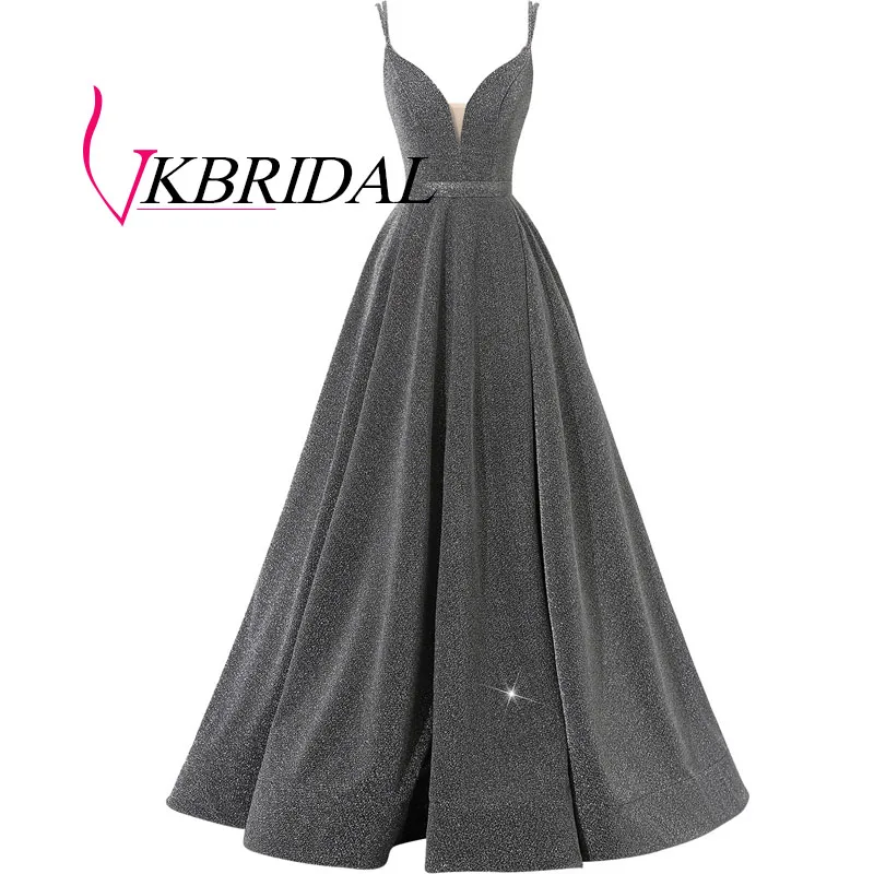 Серый Vkbridal блестящее длинное вечернее платье сексуальное v-образным вырезом с высоким разрезом серый халат de Soiree торжественные платья для выпускного с карманами - Цвет: Серый