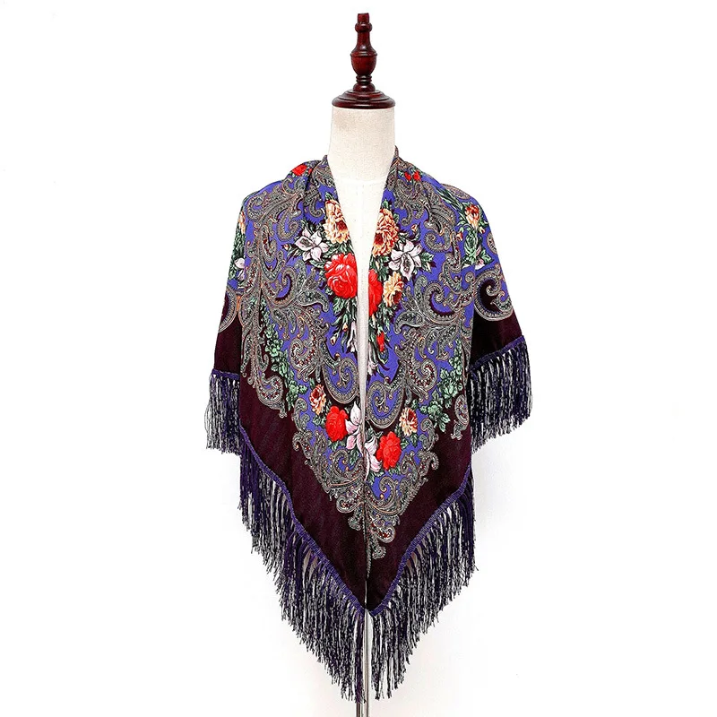 130*130cm Russian National Big Square Scarf For Women Cotton Ethnic Style Print Head Scarves Ladies Retro Fringed Blanket Shawl