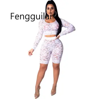 

Sexy Floral Lace Two Piece Set Women See Through Long Sleeve Crop Tops And Shorts Suit Nightclub Party Matching 2 Piece Outfits