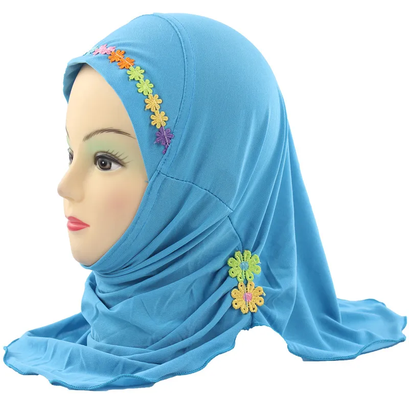 Muslim Hijab Headscarf Islamic Arab Scarf Shawls with Beautiful Flowers for Girls Kids age 2-6 - Цвет: Sky Blue