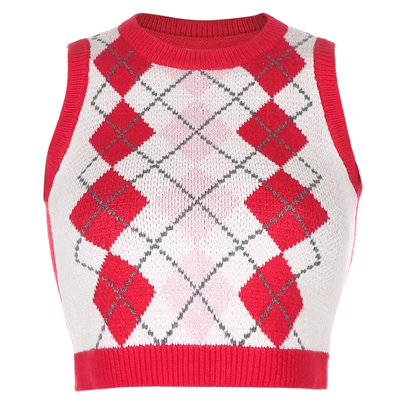

Red Argyle Plaid Knitwear Tank Top Retro 90s England Ladies Preppy Style Sweater Vests Women Streetwear Pop Knitted Vest