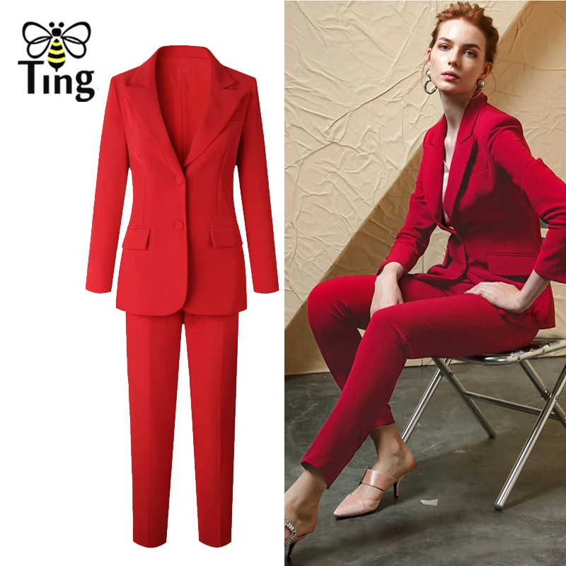 Tingfly diseñador clásico abrigos conjuntos traje de dama elegante oficina trabajo de dama chaqueta abrigo + Pantalones trajes de las mujeres de rojo 2 uds conjuntos|Trajes de pantalón| -