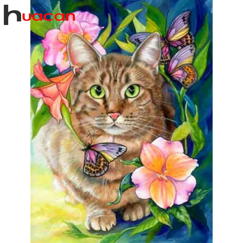 

Huacan Cat Diamond Painting Full Square Animal Diamond Embroidery Full Display Flower Diamond Art Home Decoration