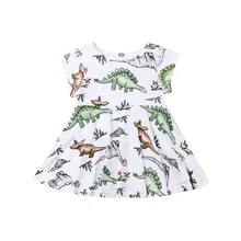 Платье для девочек; коллекция года; повседневная одежда с динозаврами для маленьких девочек; короткое платье с короткими рукавами; сарафан-пачка