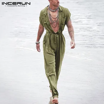 INCERUN 남성용 솔리드 반팔 점프수트, 루즈한 얇은 롬퍼, 스트리트웨어, 통기성 여름 버튼, 캐주얼 남성 카고 작업복 S-5XL