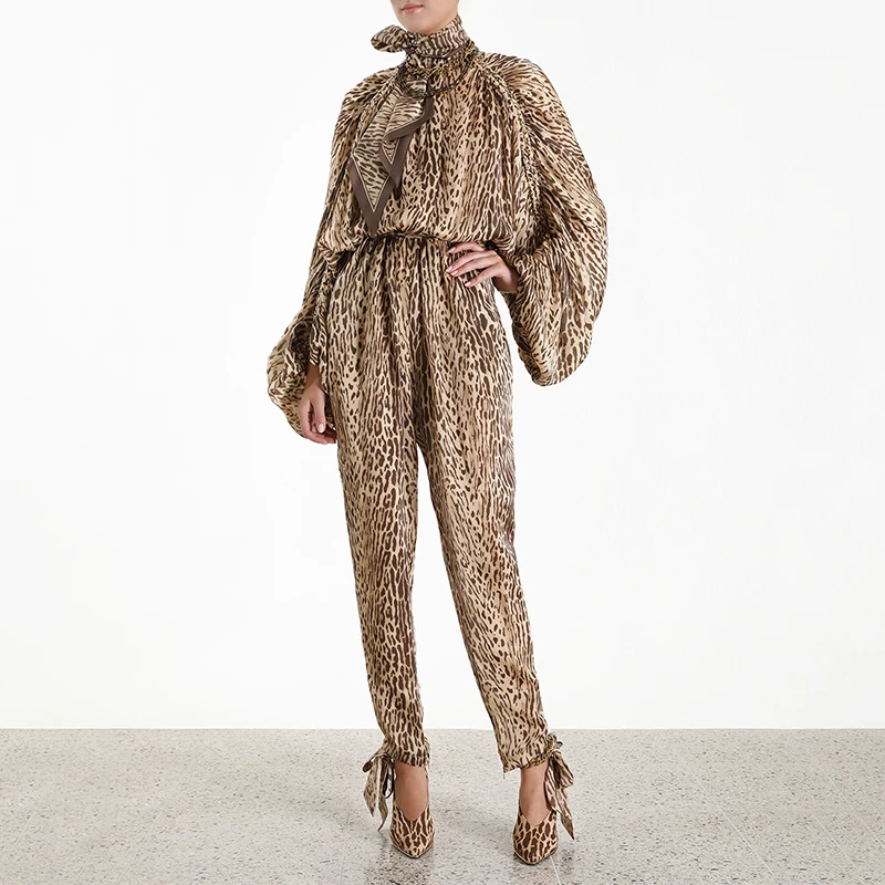 [MENKAY] Леопардовый винтажный комплект из двух предметов со шнуровкой, Женская водолазка с рукавом «летучая мышь», длинные штаны с рюшами