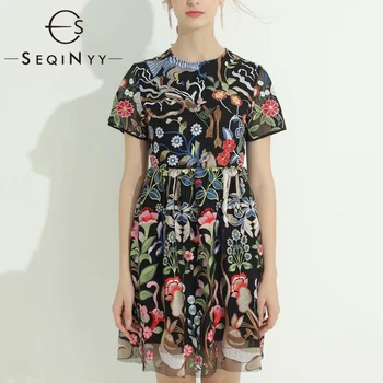 

SEQINYY Luxury Dress 2020 Summer Spring New Fashion Design Women Short Sleeve Embroidery Flowers High Quality Sicily Style Dress