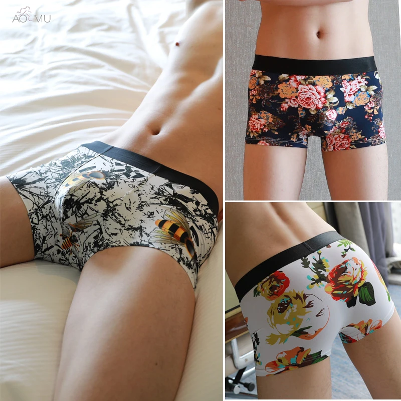 

AOMU Sexy Men Elastic Underwear Elegant Comfortable Breathable Boxers Shorts Bulge Pouch Soft Underpants For Male Boxer shorts