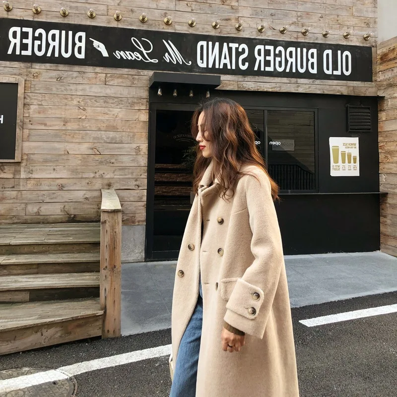 

Furry Retro Lambs Wool Coat 2019 Autumn And Winter New Style Loose-Fit Double Breasted Mid-length Overcoat