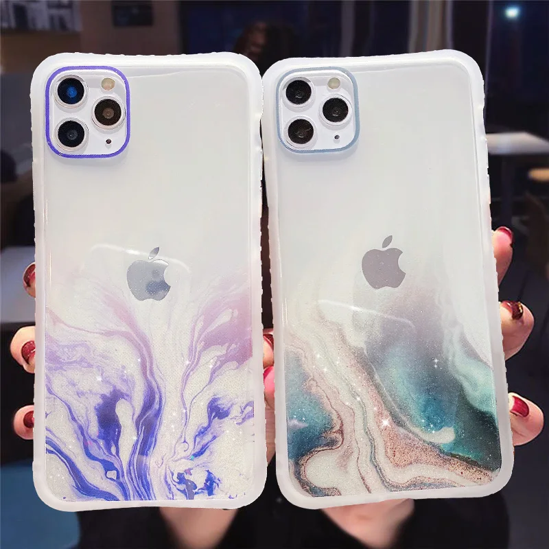 

Gradient Marble Texture Glitter Phone Case For iPhone 11 11Pro Max XR XS Max X 6S 7 8 Plus 11Pro SE 2020 Transparent Back Cover