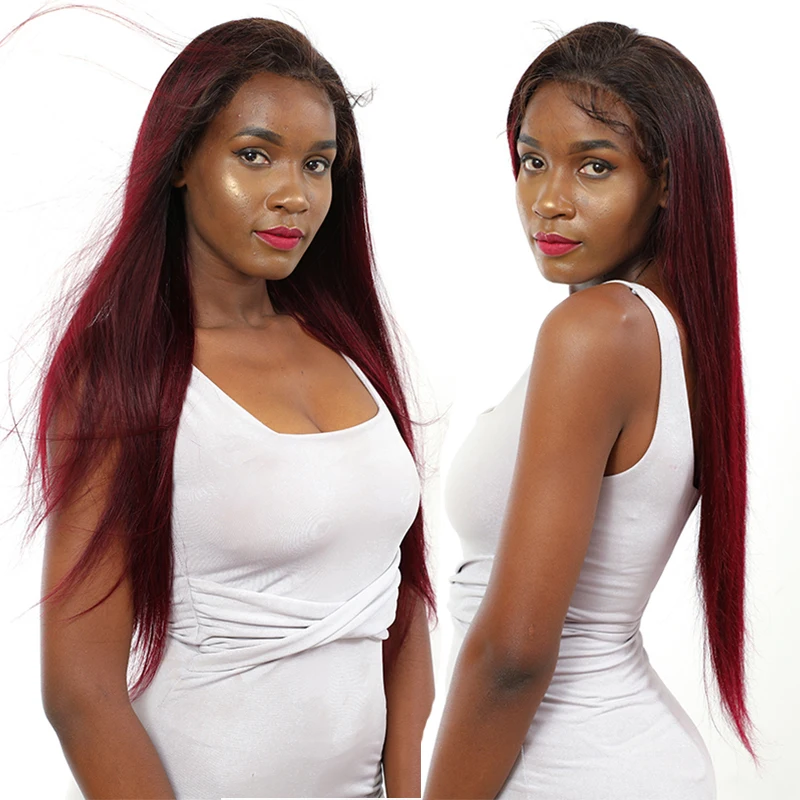 

T1B/99J RedWine Lace Front Human Hair Wigs 150% Density 13x4 Brazilian Straight Ombre Lace Front Wig Pre Plucked Lace Wig SOKU