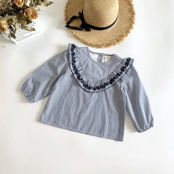 

Spring Autumn Baby School Girls Striped Blouse Ruffles Tops Kids Floral Embroidery Shirt Long Sleeve Shirts Children's Clothing