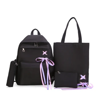 

NEW-4Pcs/Set Ribbon Chain Bowknot Canvas Backpack Travel Rucksacks Leisure Backpacks for Teenage Girls School Backpack