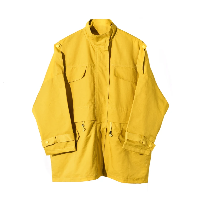[EAM] Свободная куртка большого размера с карманами, новая женская куртка со стоячим воротником и длинным рукавом, модное осенне-зимнее пальто QK2501 - Цвет: yellow
