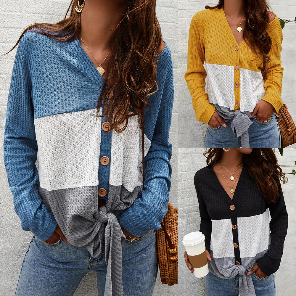 

Fall Womens Tops And Blouses Vintage Waffle Knit Patchwork Pullover Casual Button Knot Ladies Blouses Blusas Roupas Feminina D30