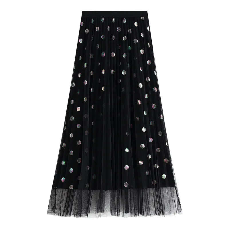 

winter flexible stretch high waisted midi a line tulle polka dot velvet skirt for women elastic womens skirts black blue saias