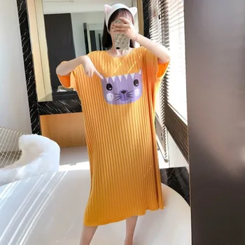 

Outside Funny Cat Summer Short-Sleeved Women Sleepwear Candy Color Pajamas Loose and Plus Size Night Dress