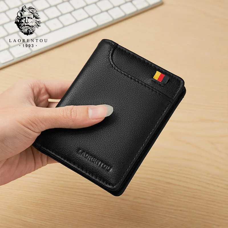 

LAORENTOU Men Wallets Card Holder Genuine Leather Short Wallet for Man Mini Purse Zipper Wallet Casual Standard Wallets for Male