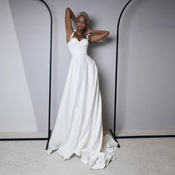 Modest White Wedding Dress For Bride Civil Engagement Bridal Gown Sleeveless Sweep Train Sweetheart Neck Robe De Mariage Femme