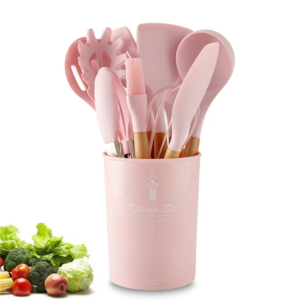 

11/12 Pcs Silicone Cooking Utensils Set Wooden Handle with Storage Box Kitchen Utensil Set Non-stick Spatula Kitchen Tools Gift