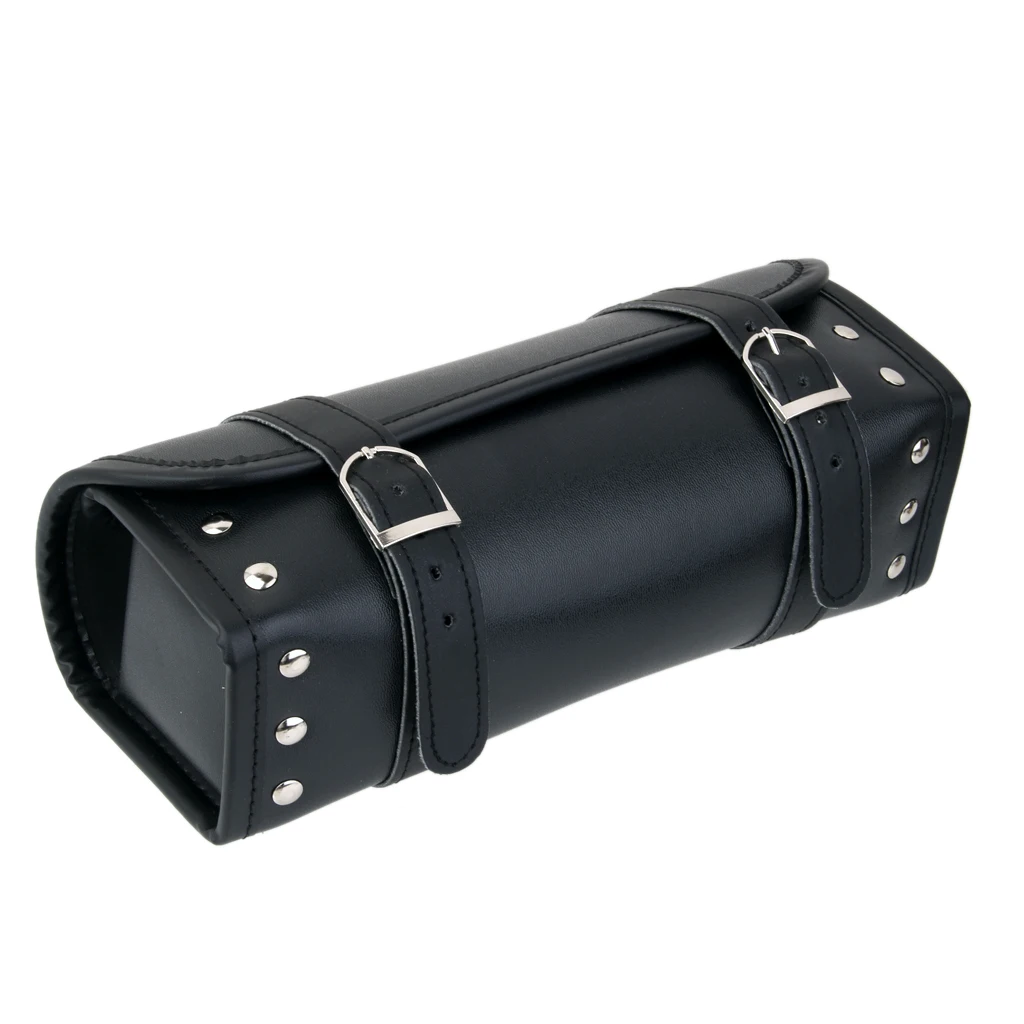 Black Motorcycle Pannier Waterproof Saddle Bag PU Leather Roll Tool Pouch