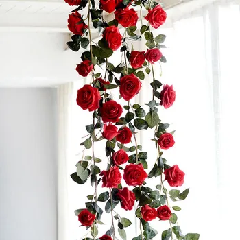 

180cm Artificial Rose Flower Vine Wedding Decorative Real Touch Silk Flowers With Green Leaves for Home Hanging Garland Decor re