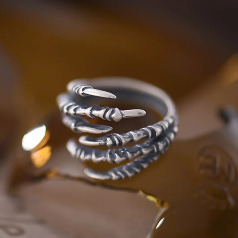 925 Sterling Silver Eagle-Claws Ring Rock Punk Male Dragon Claws Opening Adjustable Rings Men Vintage Gothic Jewelry Gift