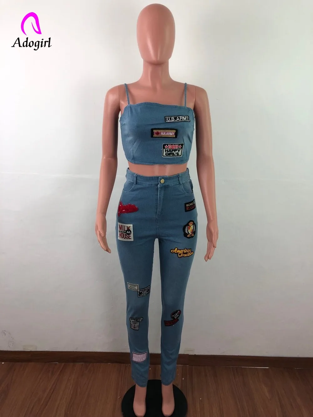 Adogirl Джинсовый комплект из 2 предметов, женский джинсовый костюм, потертые джинсы, деним, Повседневный, на молнии, с открытой спиной, на тонких лямках, укороченный топ, джинсы с заплатками