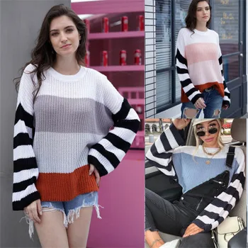 

Lugentolo Sweater Women Autumn and Winter New Stitching Color O-Neck Full Pullovers 3 Color