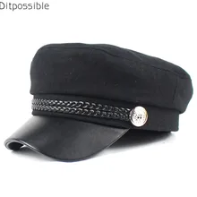 Ditpossible черные военные шапки для женщин Мода pu Брим casquette лоскут кепки gorras Женский козырек армейская шляпа