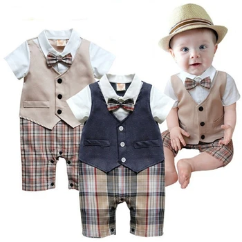 

Newborn Baby Kids Boy Clothes New Christening Formal Party Bodysuit Outfit Gift Short Sleeve Tie Fashion Cute Summer Clothing