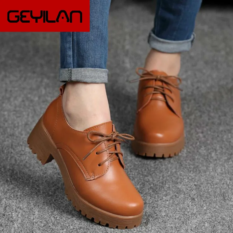 

Spring\Summer British style split cow leather women square heel Platform shoes woman rounded lace-up oxfords women flat ghn78