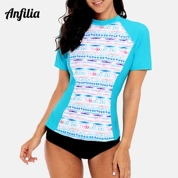 

Anfilia Women Short Sleeve Rashguard Surf Shirt Swimsuits Geometric Print Swimwear Surfing Top Running Rash Guard UPF50+ Biking
